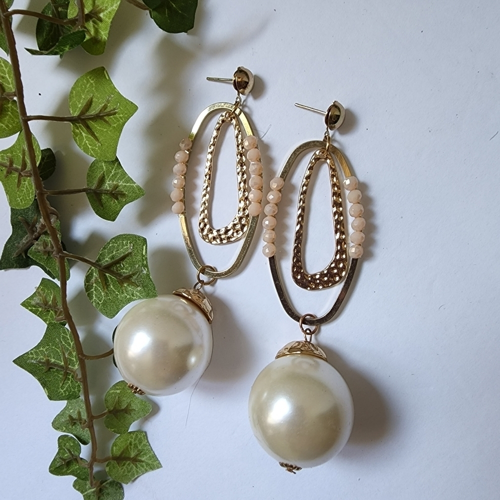 Large Gold Statement Faux Pearl Drop Earrings